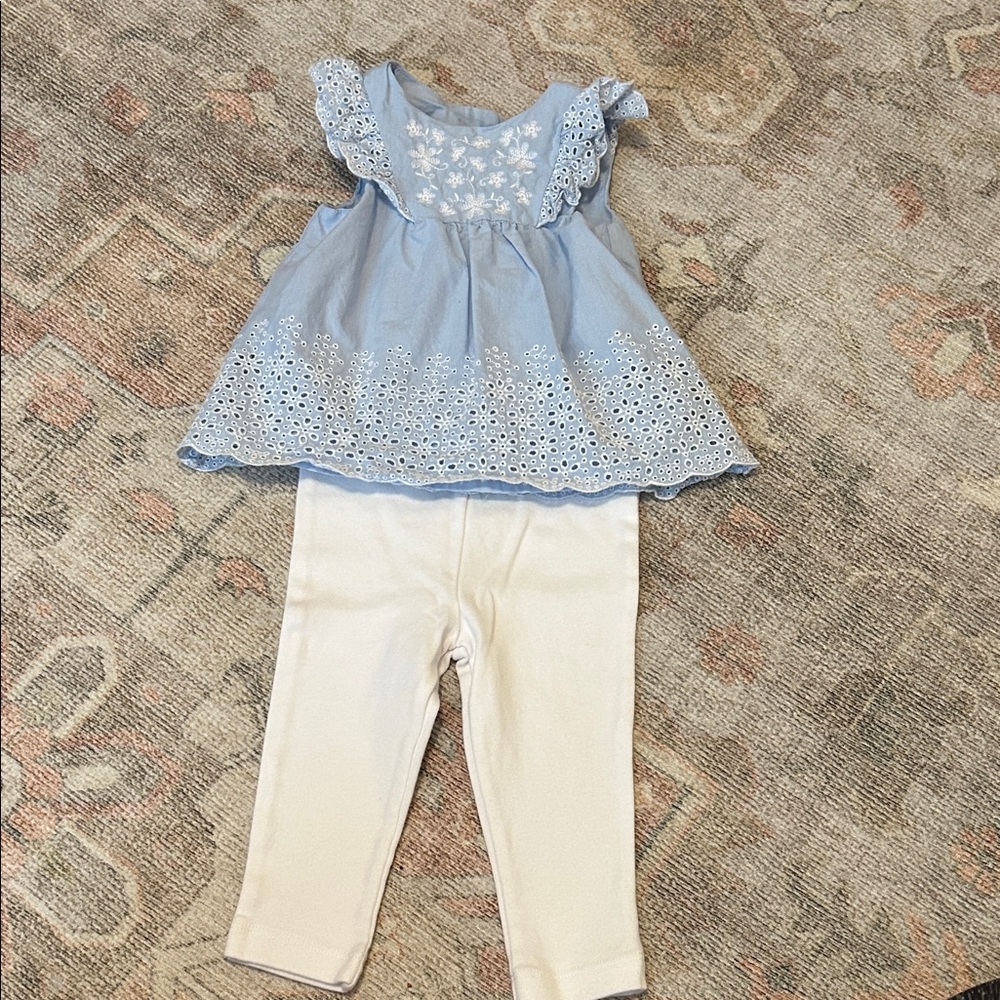 Little Me Light Blue Eyelet Top with Cream Leggings